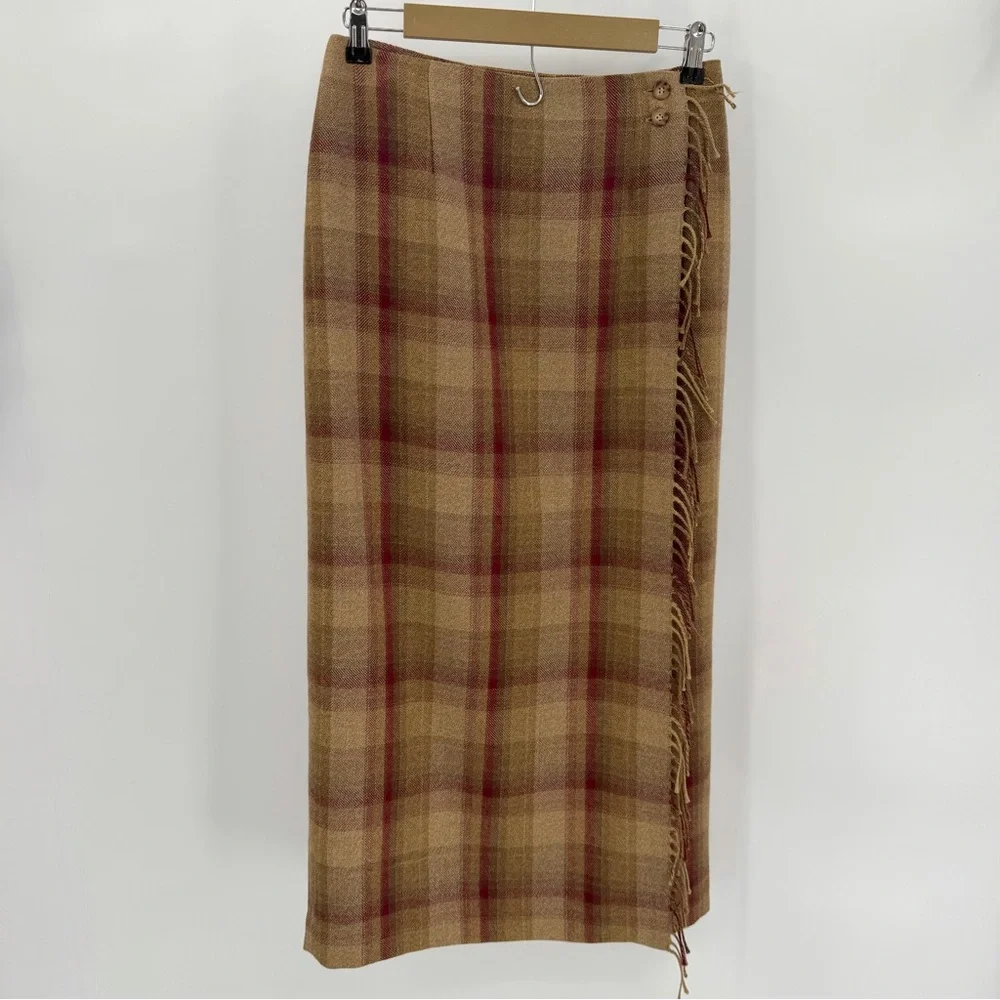 Talbots Wrap Skirt Womens 8 Tan Burgundy Tartan Plaid Wool Fringed Long VTG READ